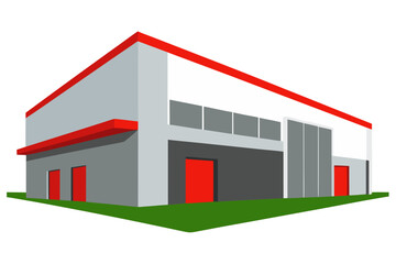 Modern industrial building with red accents and green lawn