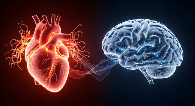 Illustration of human heart connected to brain by energy stream — heart-brain connection concept