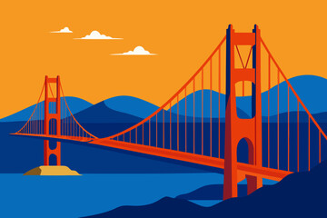 Stylized golden gate bridge at sunset with orange sky and blue hills