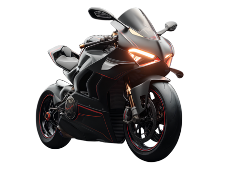 Front Angle of Black Motorcycle with Aggressive Headlights and Red Highlights, Isolated on Transparent Background.png