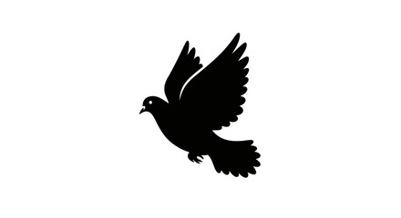 Silhouette of a black dove in flight with wings spread against a stark white background