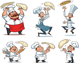 Cartoon chefs tossing pizza dough with playful energy, dynamic cooking poses, humorous kitchen scenes, perfect for food-themed merch bundles