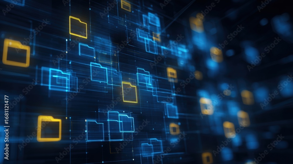 Poster abstract network grid with files and folders, futuristic software interface, digital document manage