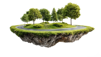 Floating island with trees road and grass against a isolated on transparent background