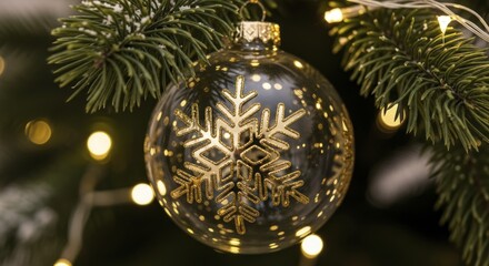 Elegant Golden Christmas Ornament Adorning a Green Pine Branch with Warm Bokeh Lights