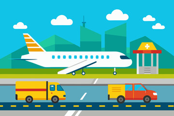 Obraz premium Airplane and vehicles at airport with city skyline and clouds