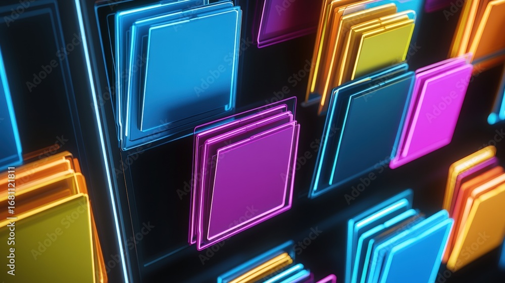 Poster abstract network grid with files and folders, futuristic software interface, digital document manage