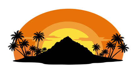 Silhouette of a tropical island with palm trees and a mountain against a vibrant sunset sky
