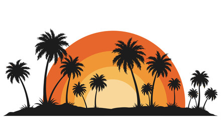 Vibrant tropical sunset silhouette with lush palm trees casting shadows on a sandy island shore