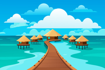 Tropical overwater bungalows connected by wooden boardwalk under blue sky