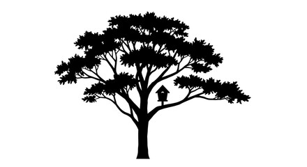 Silhouette of a large deciduous tree with a birdhouse nestled among its branches on a white background