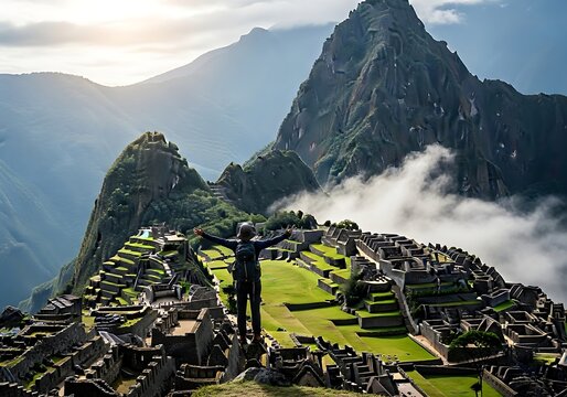 A lone hiker stands with arms outstretched overlooking the ancient inca citadel of machu picchu in peru, surrounded by lush green terraces and misty mountains