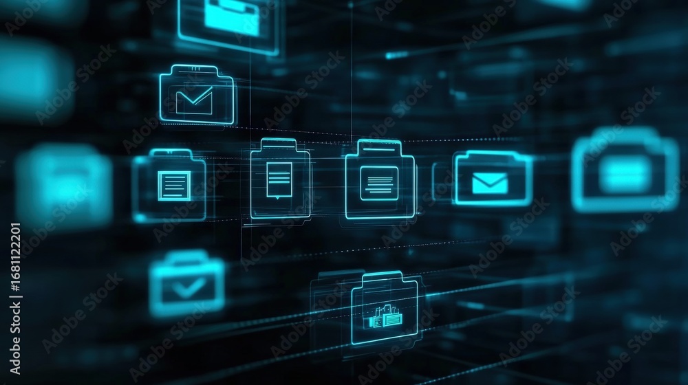 Aufkleber abstract network grid with files and folders, futuristic software interface, digital document manage