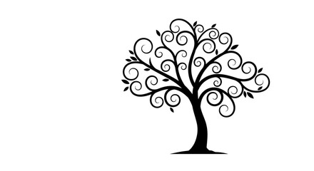 Obraz premium Elegant black silhouette of a swirling decorative tree with curled branches and leaves on white background