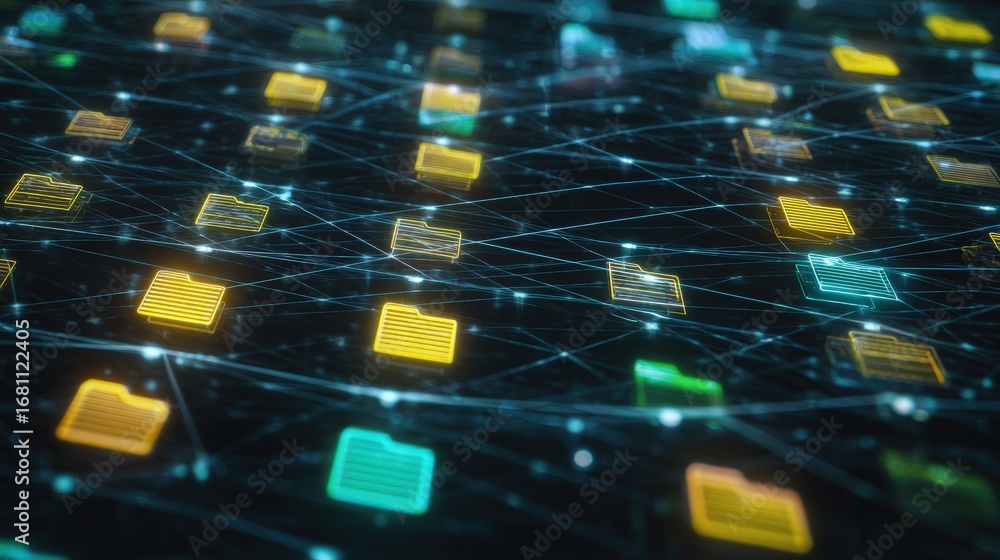 Poster abstract network grid with files and folders, futuristic software interface, digital document manage