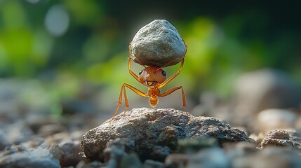 A macro photo of a determined ant steadily lifting a large stone effortlessly
