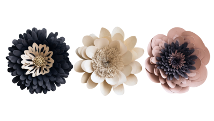 Three decorative paper flowers in neutral tones
