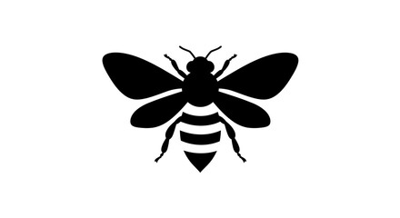 Stylized black silhouette of a bee with detailed wings and striped abdomen on a white background