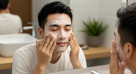 Asian man washing face with cleanser in bathroom mirror for skincare routine beauty and self care