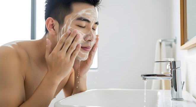 Man with soap on face washing in bathroom near sink and faucet in bright light during skincare routine