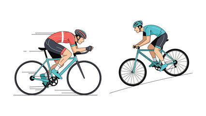 Obraz premium Cycling Pursuit: Two cyclists engaging in intense riding, one in a streamlined time trial stance and the other tackling a steep climb, epitomizing the spirit of the sport.