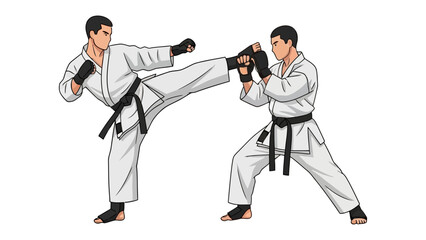 Dynamic Duo: Capturing the essence of traditional martial arts, this illustration showcases two figures engaged in a powerful, focused martial arts exercise. Highlighting discipline and skill.