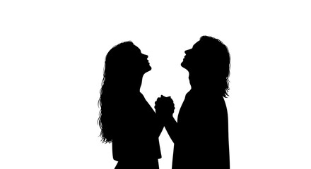 Two women silhouetted against a white background looking upwards with hands clasped together in prayer or hope