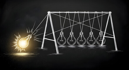Conceptual chalkboard drawing of Newton’s cradle with one illuminated light bulb — idea momentum, innovation chain reaction and leadership inspiration