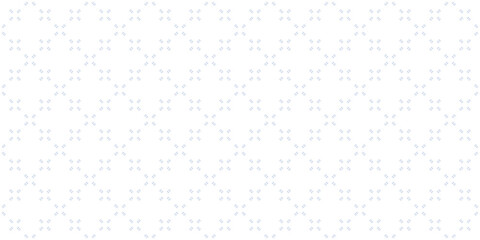 Subtle minimalist seamless pattern with tiny dash lines, small crosses, flower silhouettes, grid. Abstract blue and white vector geometric texture. Cute minimal background. Repeated simple geo design