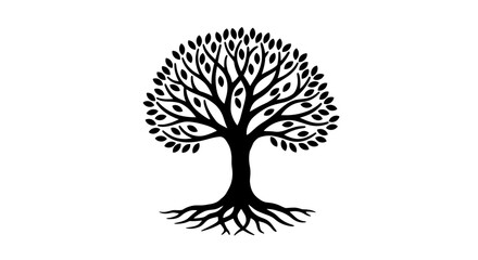 Stylized black silhouette of a majestic tree with intricate branches and visible roots on a white background © rabbivay