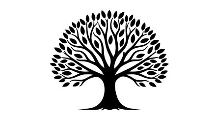 Stylized black silhouette of a majestic tree with intricate branches and detailed leaves on a white background © rabbivay
