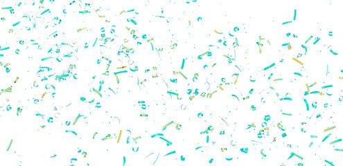 Beautiful image of teal and gold confetti falling on a white background, perfect for celebrations and festive designs.