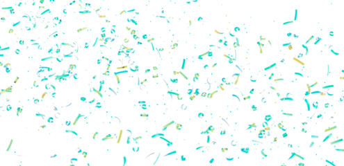 Beautiful image of teal and gold confetti falling on a white background, perfect for celebrations and festive designs.