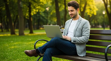 Fototapeta premium Man working on laptop in park