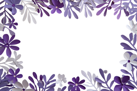 Purple and white paper flowers frame a black background