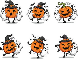 Cartoon Halloween illustrations, pumpkins and ghosts, spooky characters, festive theme, cute design, vector set, children art, holiday bundle, bats included
