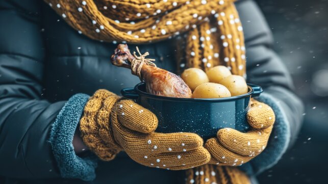 Warm winter meal preparation outdoor setting food photography snowy environment close-up view comfort and tradition