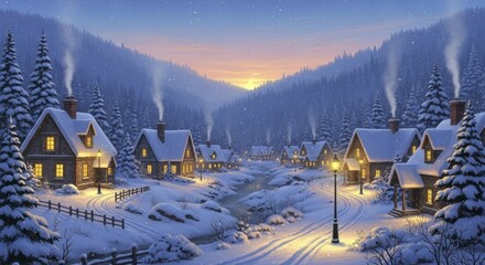Enchanting Winter Village in a Snowy Valley at Sunset, with Cozy Houses, Illuminated software, and Majestic Pine Trees