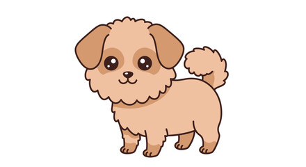 Adorable fluffy light brown puppy with big dark eyes and a curly tail standing on a white background