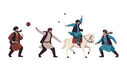 Nomadic Cultural Sports: A vibrant portrayal of traditional nomad sports, depicting figures engaging in various activities, from horseback riding to games.