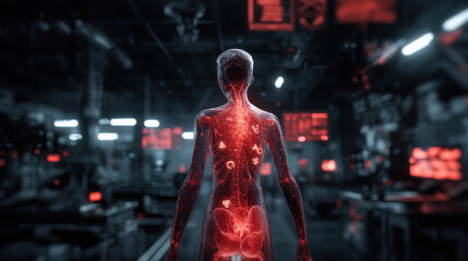 Translucent human silhouette, inside a dark futuristic lab, glowing red warning icons mapped across the body, eerie and urgent mood