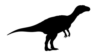 Silhouette of a large bipedal dinosaur with a crested head standing on a white background