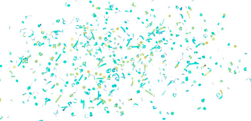 High-resolution image of teal and gold confetti falling on white background. Perfect for party invitations, celebrations, and festive designs.