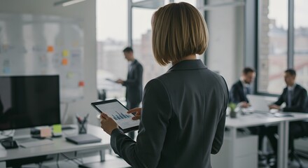 A woman in a suit analyzes data on a tablet in a modern office, with a few colleagues working in the background. The scene portrays a collaborative business environment