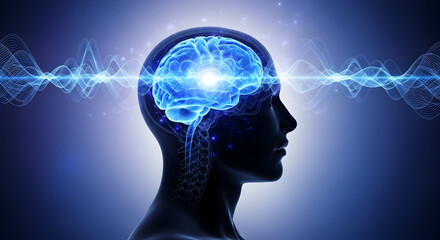 Obraz premium Human profile with glowing brain and oscillating waveform visualization neurotechnology thought frequency concept