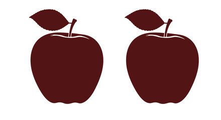 Two stylized dark red apples with leaves and stems isolated on a white background