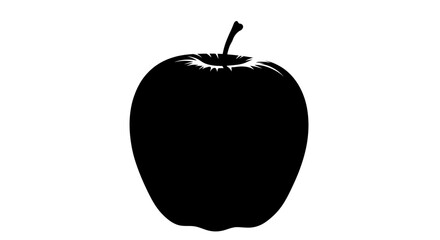 A stark black silhouette of a single ripe apple with a stem against a clean white background