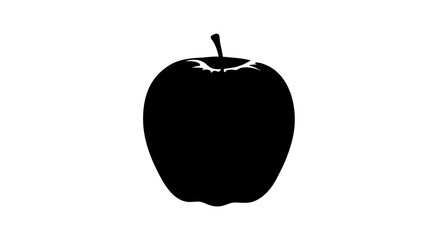 Simple black silhouette of a single apple with a stem against a stark white background