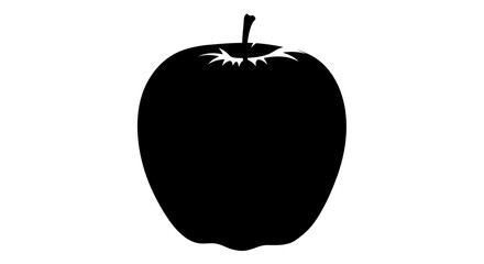 A stark black silhouette of a single ripe apple with its stem against a clean white background