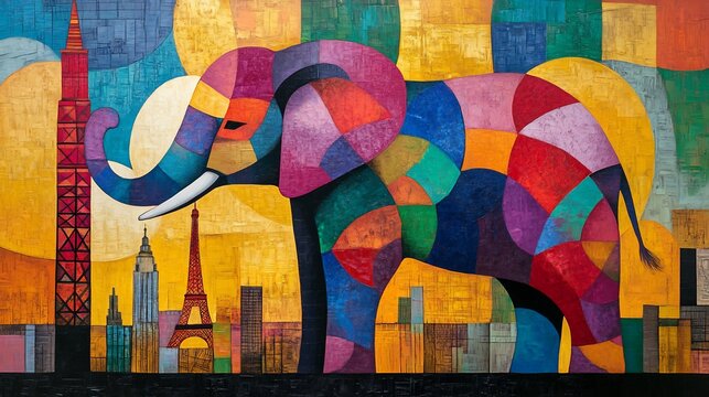 Colorful elephant painting with city skyline background art print canvas wall art home decor for sale